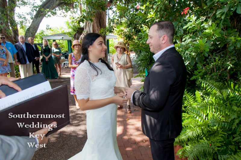 Wedding couple getting married in the West Martello Garden in Key West Florida