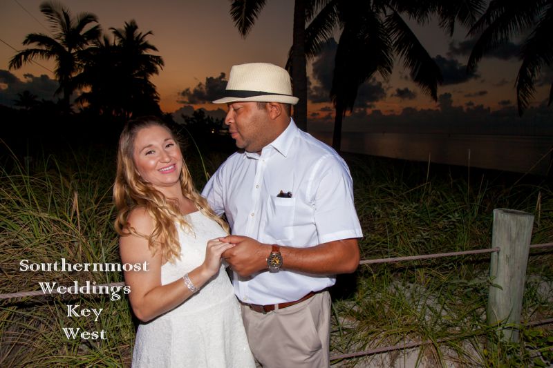 Wedding couple on Smather Beach in Key West, Florida before a sunrise wedding ceremony