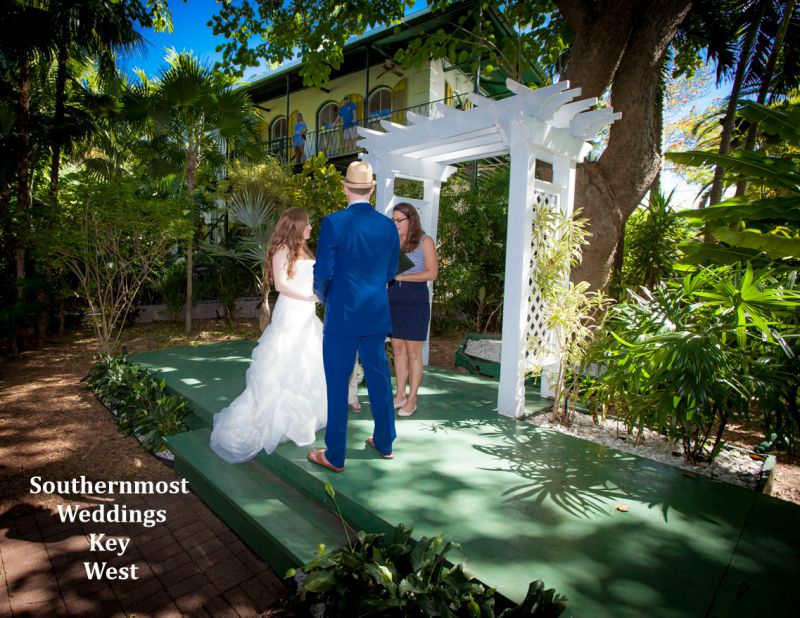 Wedding officiant performs a ceremony at the Hemingway Home & Museum